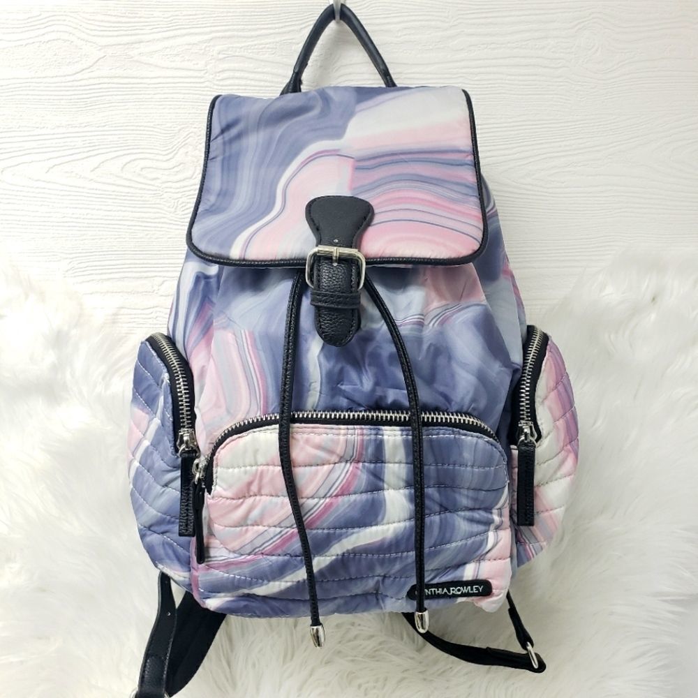 Cynthia Rowley Marble Print Quilted Backpack Pastel Agate Puffer Bag